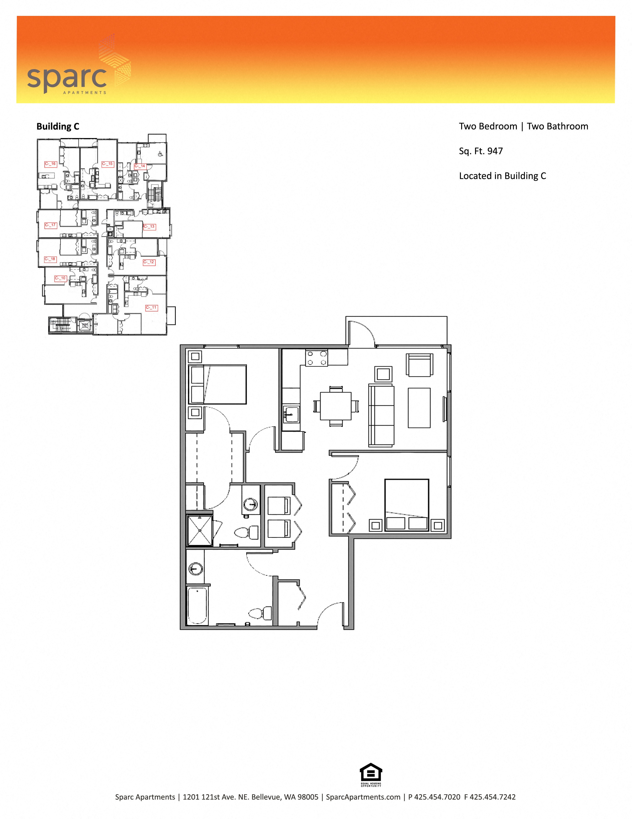 Floor plan for 2 beds, 2 baths, 947 sqft